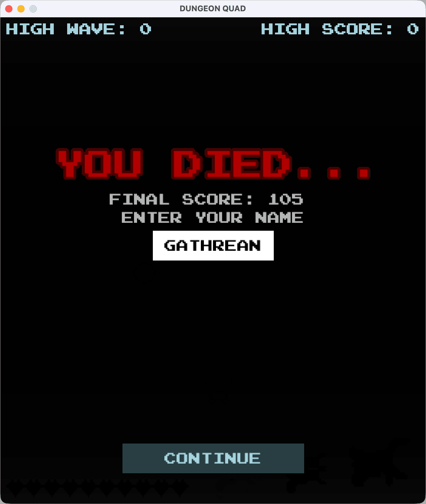 DungeonQuad death screen