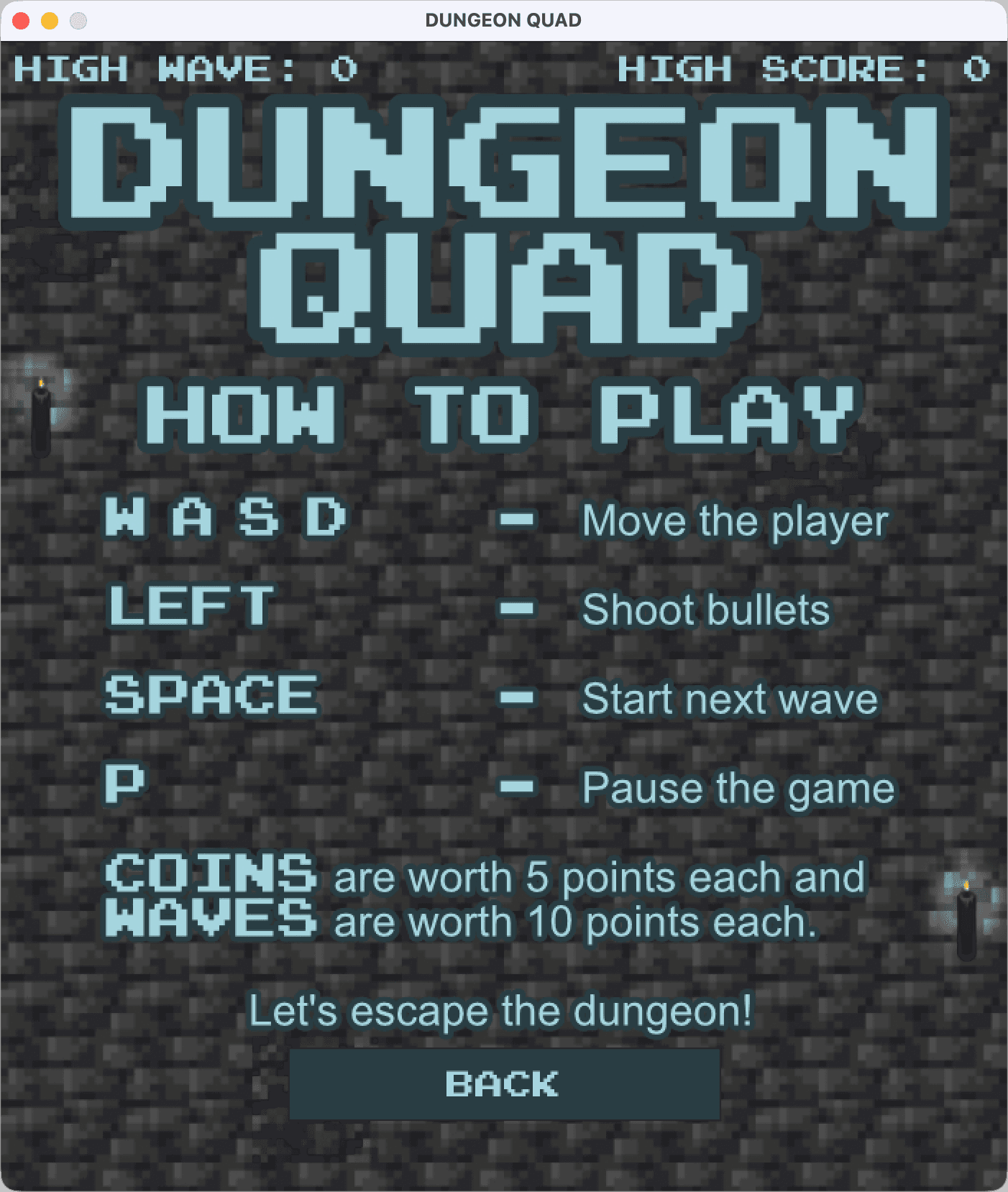 DungeonQuad how to play screen